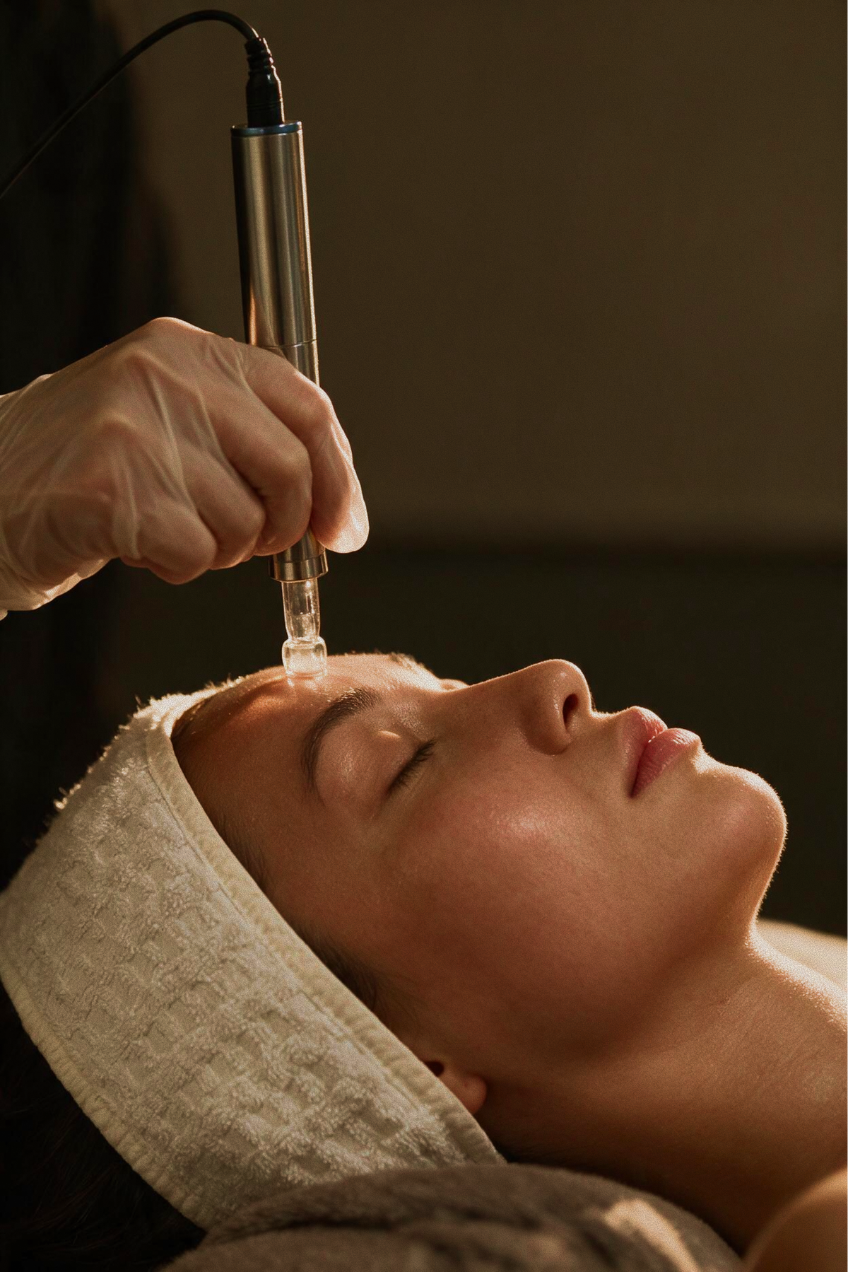 Esthetician performing a Hydrafacial treatment on a client's forehead during the Full Edit facial at Skincuress in Hoboken, NJ